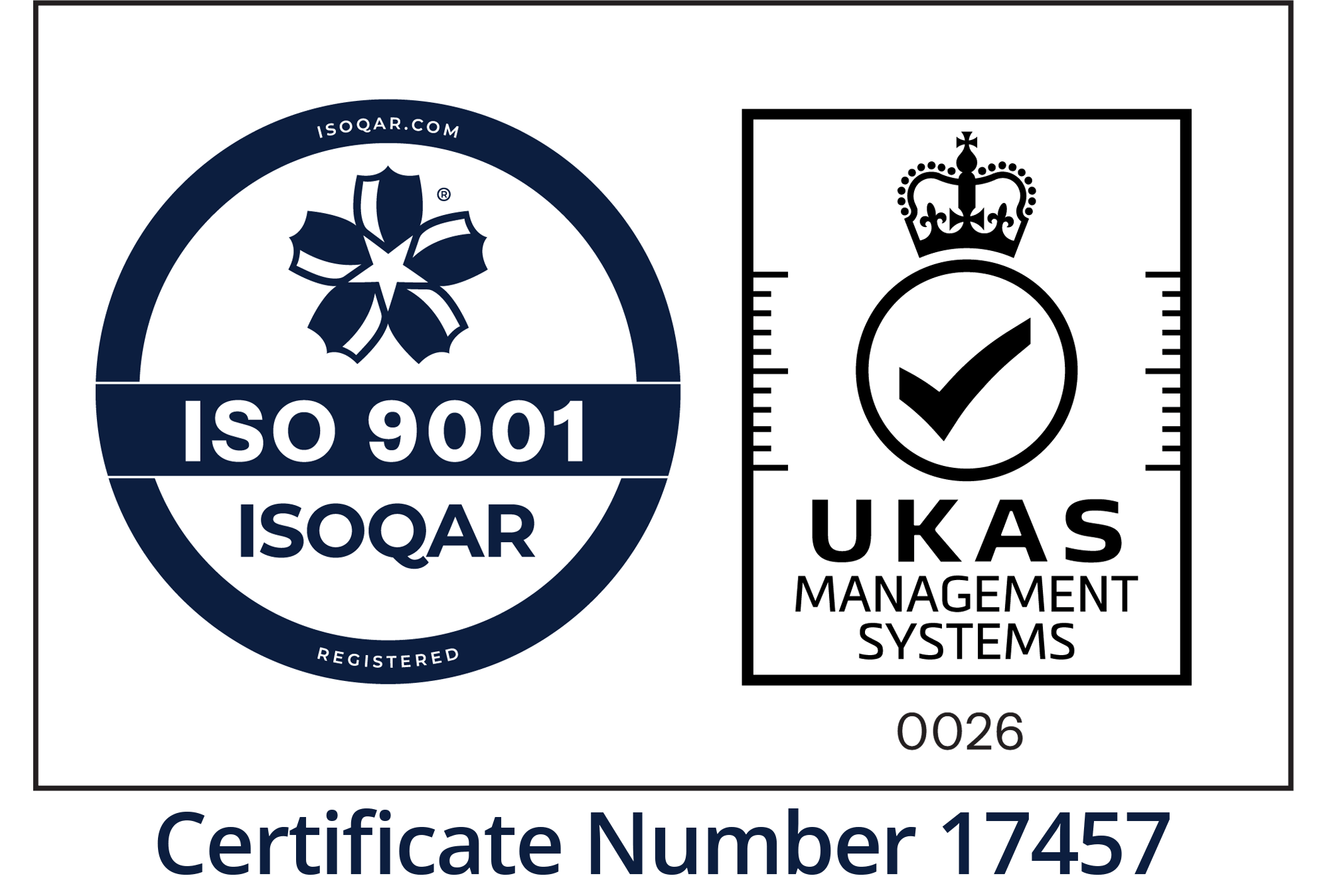 ISO 9001 registered, certified by ISOQAR under UKAS Management Systems accreditation, certificate number 17457